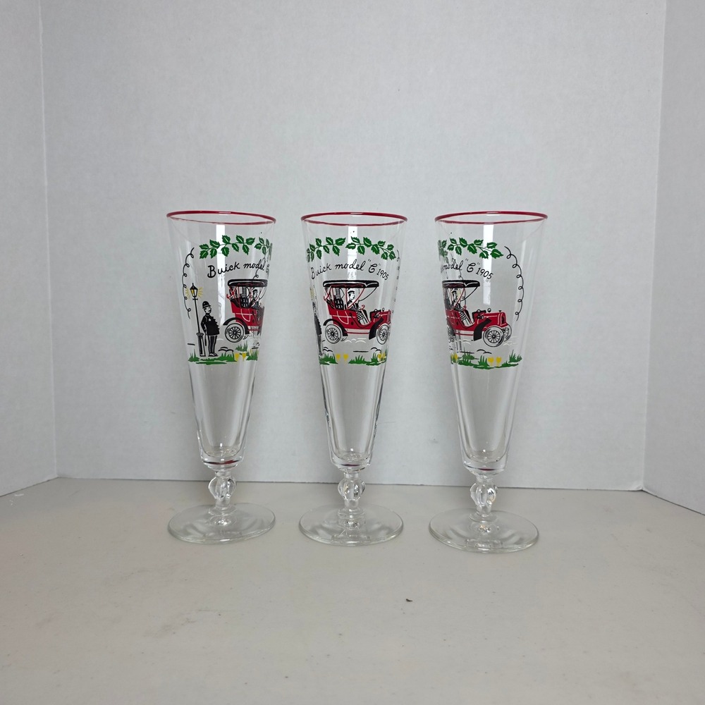 VTG Buick Model C 1905 Pilsner Glasses Red Rim Stemmed Set of 3 Barware Retro